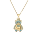 Golden necklace featuring a crown teddy bear pendant with blue gemstones and blue heart charm - Turquoise(CN001842YH)