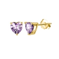 Macro shot of S925 silver stamp on gold heart earrings with purple cubic zirconia - Purple Gold