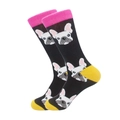 Cartoon Französische Bulldogge Mustersocken in Schwarz, Rosa und Gelb mit Farbblock-Design - Schwarz mit Rosa und Gelb