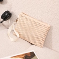 Beige woven straw wristlet clutch bag with gold zipper for beach and casual travel - Off White