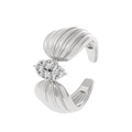 Silver-plated open ring with pleated petal design and six sparkling round zircons - Silver Radiant Pleated Flower Ring (K-498)