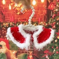 Close-up of red and white knitted Christmas pet shawl with pearl hanger on festive background - S / Red Cape