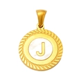 Golden round pendant featuring a white shell inlay and letter J with rope texture edge - Letter J (S-P005-J)