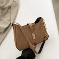 Brown suede shoulder bag with golden lock and chain detail, elegant minimalist style - Brown