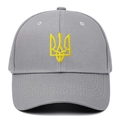 Close-up of grey cotton baseball cap featuring yellow trident embroidery on front - Adjustable / Gray
