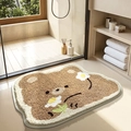 Brown bear shaped non-slip bathroom rug with white flower accent and soft flocking - Flower Gazing Bear / 48*68cm