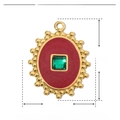Detail showing dimensions 29x22mm of vintage oval pendant with green stone and red enamel - YE685-3-Red Enamel Green Stone Oval
