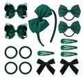 14-piece dark green children's hair accessory set with ribbed bows and headbands - Green
