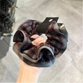Oversized burgundy and grey plaid scrunchie with sheer ruffled edge and elastic band - Woolen Double Layer Scrunchie