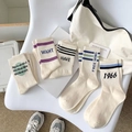 Set of cream crew socks with vintage letter prints and striped patterns in soft cotton - Unisex (35-44) / 1966 Series Set (Mixed)