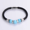 Detail of black braided leather bracelet with sky blue beads and silver magnetic clasp - Steel Blue Stone Style