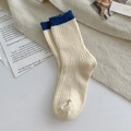 Calze da donna in lana color crema e blu navy con maglia a coste e polsino a contrasto - Taglia unica (34-40) / Bianco Latte/Blu Navy Contrasto