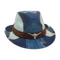 Western cowboyhoed voor kinderen in blauwe denim met leren band en stier-embleem - Kindermaat (Deuk in kroon) / Koningsblauw (Denim Patchwork/Witte Stierkop)