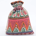 Detailed close-up of a floral cotton linen drawstring pouch with ethnic geometric prints - 10x14cm / Red Ethnic Style