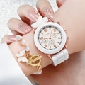 Women's rose gold quartz watch with white silicone strap and butterfly charm bracelet - Watch + Butterfly Pearl Bracelet / White Watch + Bracelet