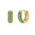 Macro detail of gold-plated huggie earrings featuring micro-pave green zircon stones - Gold With Green Zirconia