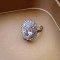 Vintage silver open ring featuring an oval crystal and double halo diamond sunflower design - 27# Silver Oval Sunflower Cluster Zirconia Open Ring