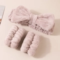 Dusty pink coral fleece headband with bow and matching absorbent wristbands set - Gray-brown 3-piece Set (the Wrists Have 3 Hand-stitched Seams)