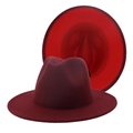 Classic two-tone burgundy and bright red wool felt fedora hat with flat wide brim - M (56-58cm) / Wine Red with Red Inside