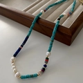 Bohemian beaded necklace with turquoise Amazonite stones and white baroque pearls - Turquoise And Pearl Mixed Beaded Necklace XL0164