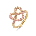 Adjustable gold ring with a pink enamel heart knot design on a minimalist polished band - Gold Twisted Rope Heart / Pink