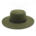 Detail of army green wool felt boater hat featuring a black belt with silver star rivets - M (56-58cm) / Army Green