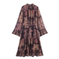 Abito lungo bohémien in chiffon con stampa paisley, volant e maniche a campana - S / Marrone Scuro