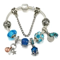 Silver ocean theme charm bracelet with blue glass beads and enamel octopus pendant - 16cm / Style A12/Octopus Starfish Shell with Safety Chain