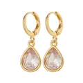 Detail of gold water drop huggie hoop earrings with transparent teardrop crystal - White
