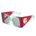 Fashionable oversized square sunglasses with red-green gradient frames and gold metal accents - Red Green Gradient Frame Grey Lens