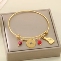 Detail of adjustable gold bangle with red beads and I Love You heart pendant - I you Round Tag and Red Agate Beads Style (KB96741-Z)