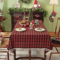 Christmas tablecloth with red and green plaid pattern and white decorative tassels - Gold And Red Plaid + Tassels