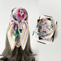 Floral satin square scarf in vibrant pink and green patterns for women's headwear - L7345-White