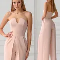 Elegant light pink strapless wide leg jumpsuit with sweetheart neckline and fitted waist - S / Pink