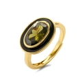 Anillo dorado ajustable con gema verde ovalada y detalles de esmalte negro - Negro & Verde Oliva