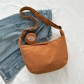 Caramel brown corduroy crossbody bag with adjustable wide strap and round coin purse - Tan