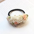 Élastique à cheveux avec perles blanches, rose en satin rose et nœud vert - 2# Fleur de Perle Rose Clair (Demi-cercle)