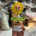 Handmade crochet sunflower plant in pot with Thank you for helping me grow sign - Little Sunflower