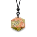 Unakite hexagon gemstone pendant necklace with black cord and marbled texture - Unakite