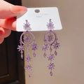 Silver needle long fringe earrings with dark purple zircon in floral openwork design - Silver-Purple-Flower Tassel