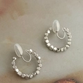 Silver beaded hoop clip-on earrings with soft silicone pads for non-pierced ears - Silver Circular Beaded Ear Clip