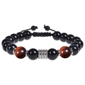 Men's 10mm obsidian and tiger eye beaded bracelet with silver metal charm and adjustable cord - 10mm Red Tiger Eye Braided Bracelet