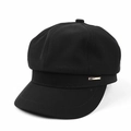 Side view of black newsboy cap featuring twill cotton fabric and gold metal trim detail - Black