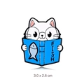 White cat reading FISH book enamel pin badge for backpacks, size 3.0 x 2.6 cm - Reading Cat