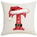 Christmas letter T pillow cover with red Santa hat design on beige linen fabric - Letter T