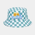 Detail of blue and white checkered Oktoberfest bucket hat with Cheers beer graphic - CHEERS Style / Blue and Green Checkered (CHEERS)
