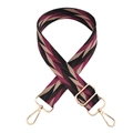 Macro detail of geometric patterned woven wide shoulder strap with gold metal swivel clasps - Purple Coffee Black Silver Buckle