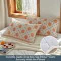 Pair of four-layer cotton gauze pillow towels with orange floral print and elastic straps - Beige Floral