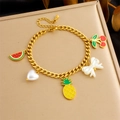 Bracelet chaîne cubaine dorée avec breloques émaillées en forme de fruits et cœur - Bracelet Ananas Pasteque (B1591)