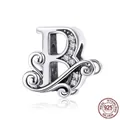 925 sterling silver charm bead featuring letter B with zircon accents and scrollwork - Letter B